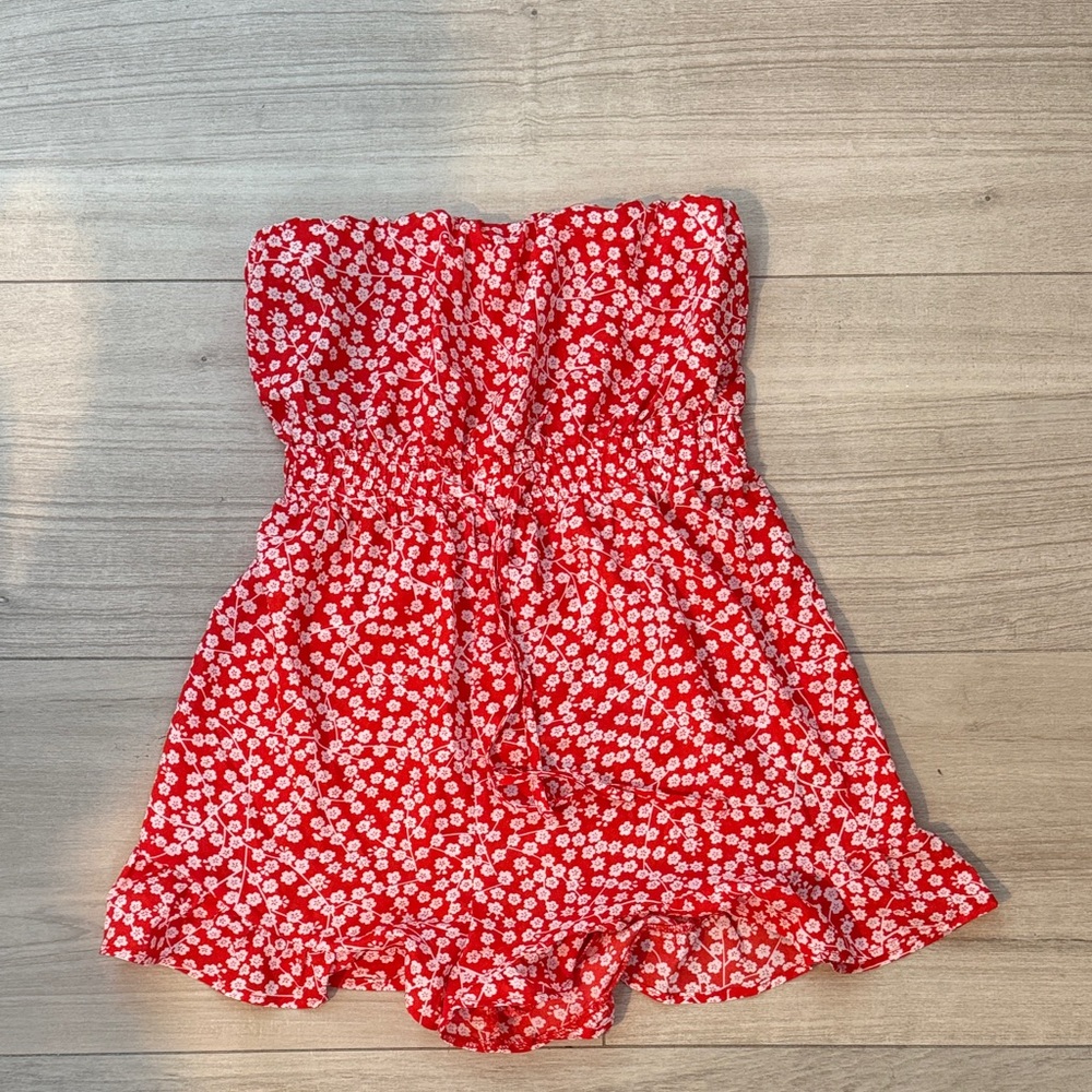 Strapless Red Floral Smocked Romper
